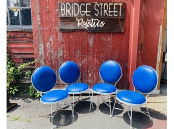 Vintage White Iron Bistro Chairs With Electric Blue Vinyl Padding