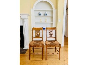 Pair Pierre Deux Carved Back Chairs With Rush Seats