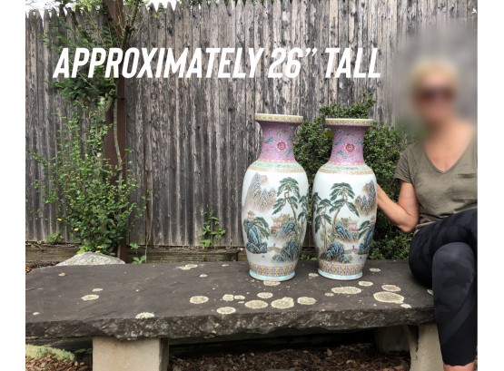 Barn Find ~ 2 Gorgeous Oversized Fire Glazed Painted Chinese Vases With Writing