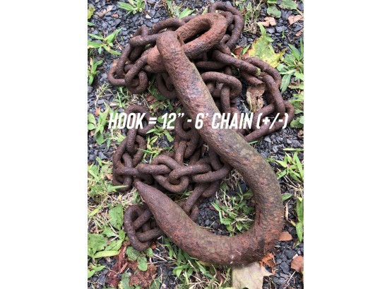 Barn Find ~ Large Rustic Iron Hook And 6 Feet Of Heavy Chain