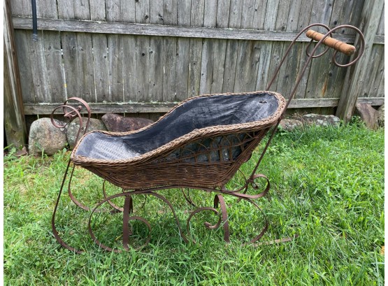 Barn Find ~ Antique Wicker And Steel Baby Sleigh