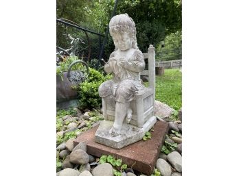 Garden Find ~ Lovely Girl Child Holding Bird ~ Large Heavy Cast Cement ~ About 30'