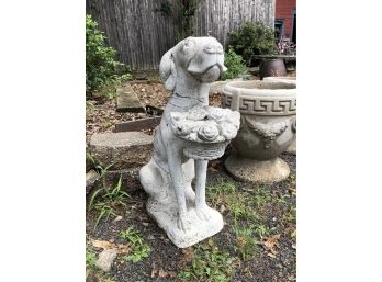 Barn Find ~ Adorable Dog With Basket Of Flowers Large Cast Cement Vintage Form