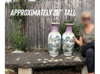Barn Find ~ 2 Gorgeous Oversized Fire Glazed Painted Chinese Vases With Writing