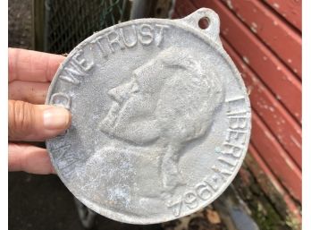 Barn Find ~ Cool Old Jefferson Nickel Plaque ~ Cast White Metal