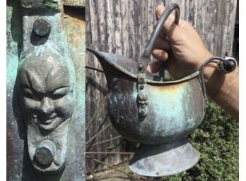 Barn Find ~ Antique Copper Coal Scuttle With Ornate Wrought Face And Porcelain Handle