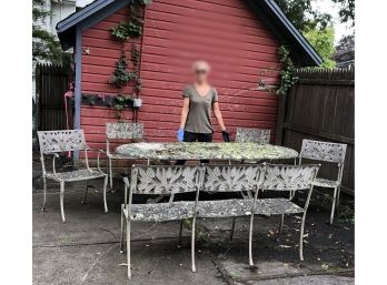 Barn Find ~ Heavily Lichened Charming Antique Metal Patio Table Triple Bench And 4 Chairs