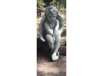 Old Weathered Cast Cement Seated Garden Angel Will Beautifully Grace Any Ledge