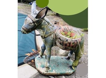 Garden Find ~ Large Old Painted Cast Cement Planter ~ Burro Donkey With Woven Basket