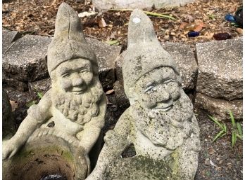 Barn Find ~ Twin Garden Gnome Brothers ~ Cast Cement Vintage Planters