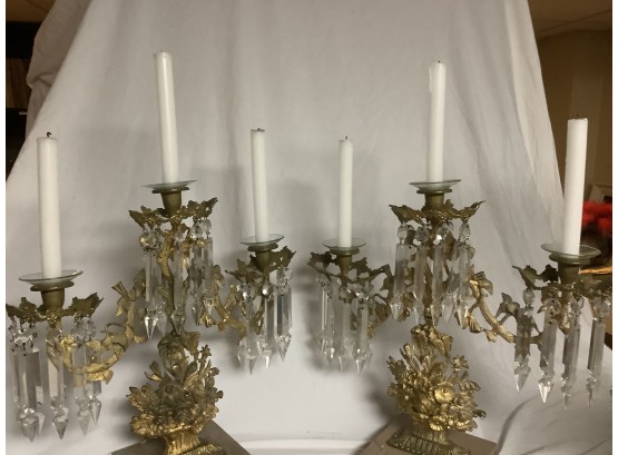 Pair Of 19th Century Girandole Crystal Prism Gilt Bronze Candleabras By Virginia Metal Crafters