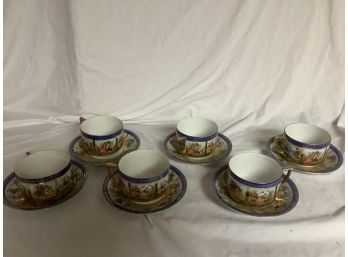 Six Antique Porcelain Hand Painted Tea Cups And Saucers From Czech Republic