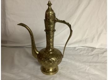 Antique Brass Etched Genie Bottle/pitcher W/ Hinged Lid