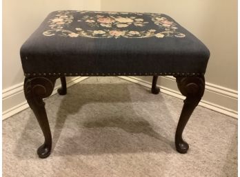 Mahogany Wooden Bench With Needlepoint Cushioned Seat