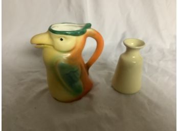 Vintage 1930s Art Deco Parrot Pitcher Marked Czecho Slovakia And Small Cream Colored Vase