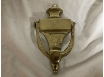 Vintage Brass 6 Inch Door Knocker Engraved With Scene (house, Tree, Mountain)