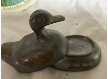 Vintage Pewter And Brass Duck Trinket Box