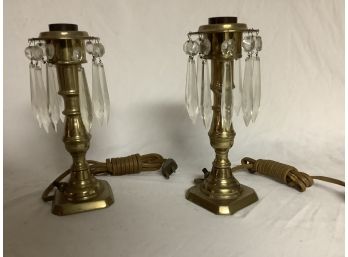 Pair Of 8.5 Antique Brass With Crystals Electrified Candlestick Lamp