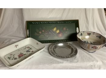 Vintage Green  Tin Tray With Painted Flowers, Ceramic Bowl Amd Serving Platter And Pewter Plate