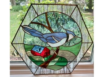 Hexagonal Stained Glass With Blue Jay Design - Well Made
