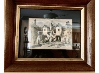 European Village Print In Fruitwood Frame Not Able To Read Signature