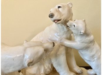 Beautifully Done Porcelain Polar Bear Family Signed J. Stewart Nice Piece