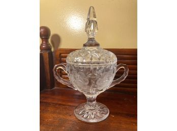 Vintage  Footed Early American Etched Glass Covered Candy Dish