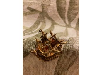 Vintage Gold Tone Damascene Galleon Ship Pin Signed Spain