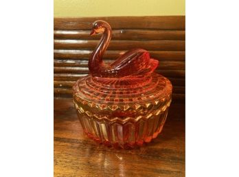 Vintage  Jeanette Glass Co. Amberina Swan Covered Candy Dish