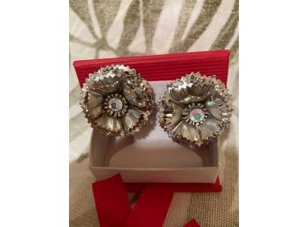 Vintage Silver Tone Flower Clip On Earrings Aurora Borealis Stone
