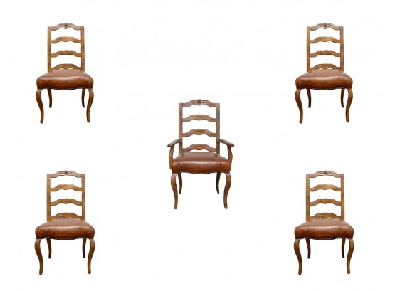 Set Of 5 Dining Wood And Leather Chairs