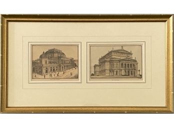 Framed Pair Of Handcolored Images Of Borse And Das Opernhouse From Handkolorierte Holzstiche (1885)