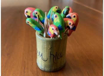 Parrot Toothpicks With Costa Rican Toothpick Holder