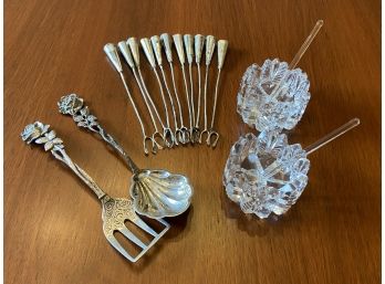 Collection Of Vintage Dinnerware: Cut Glass Salt Cellars, Cocktail Forks, And Two 800 Silver Serving Pieces