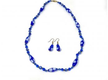 Blue Glass Beaded Necklace With Matching Earrings