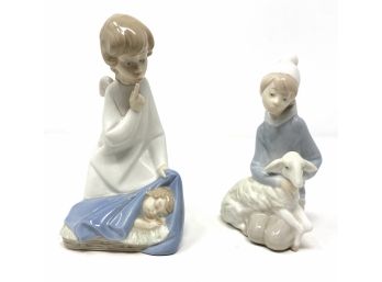 Pair Of Lladro Spain Porcelain Figurines: Guardian Angel And Shepherd Boy