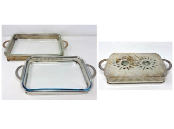 Pair Of Casserole Dishes With Silverplate Serving Stands With Food Warmer