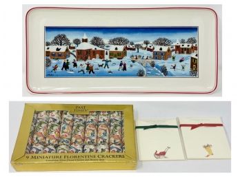 Villeroy & Boch Naif Christmas Porcelain Tray, Peaceable Hill Paperie Place Cards, Mini Florentine Crackers