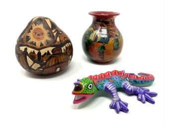 Folk Art Vase, Carved Gourd, And Iguana