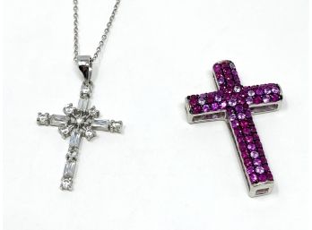 Pair Of Sterling Silver Rhinestone Cross Pendants, One With Chain
