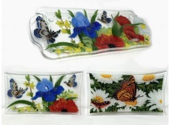 Trio Of Fused Glass Butterfly And Flower Serving Dishes