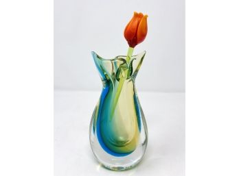 Blown Art Glass Vase With Single Glass Rose