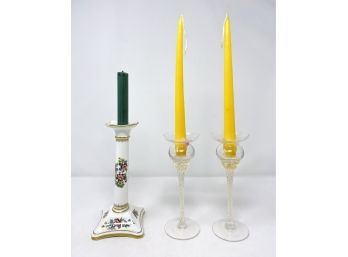 Pair Of Vintage Glass Candlesticks And Single Coalport Porcelain Candlestick