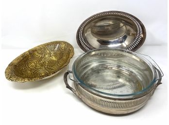 Vintage Silver Plate Casserole Stand With Pyrex Dish Plus Oval Bowl And Silver Plate Bread Basket