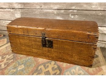 Early 1800's Antique Dome Top Wood Box With Leather Hinges
