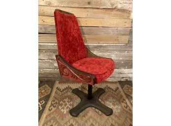 Vintage Red Velvet, Wood Accent And Cast Iron Base Swivel Chair