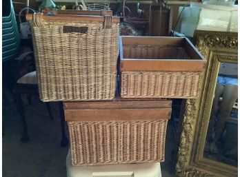 615, Three Wicker Baskets (One Is A Box), One Has Handles And One Has A Lower Front And Paper Supplies Divider