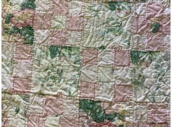 642, Handmade Quilt: Pink And Green Floral, Squares, White Backing