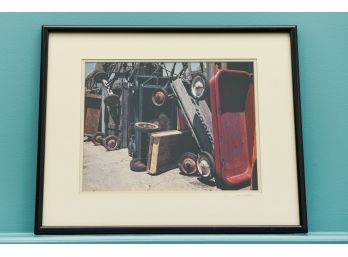 Framed Signed John Todero Photograph Of Wheel Barrels And Wagons