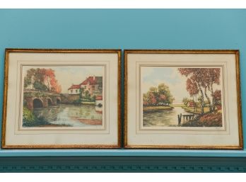 Pair Of Framed Signed Colored Etchings Of A French Village